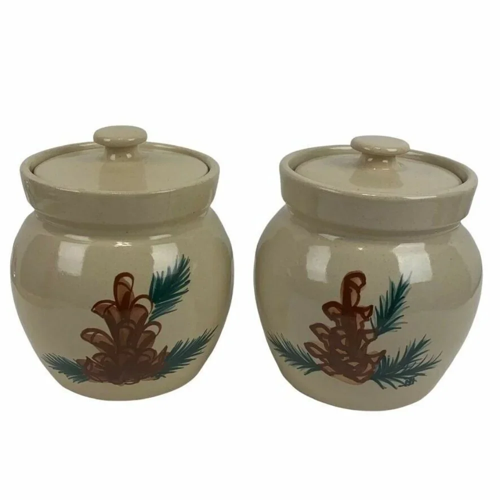 Paul Storie Pottery Small Pinecone Canisters w/ Lids Set of 2 Marshall TX Rustic